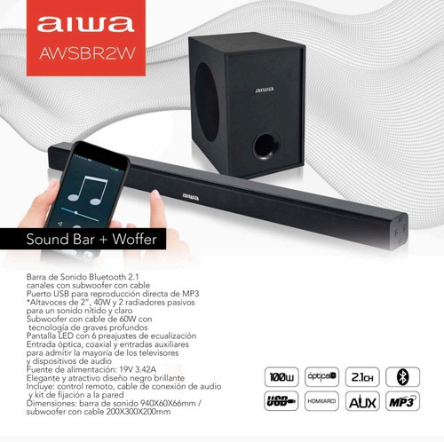 Imagen 3 de 10 de Parlante Para Tv Led Aiwa 2.1 Con Subwoofer Inalambrico