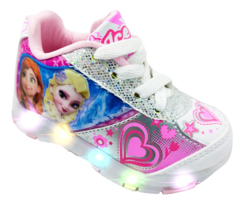 Tenis Niña Luces Led Elsa Y Ana Princesas 709-br Blanco Rosa