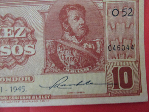 Billete Chile 10 Pesos Firmado Oyarzun-maschke 1945 Unc (Usado)