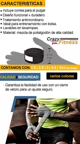 Imagen 3 de 7 de Par Vendas Boxeo 5 Mts. Con Enganche Pulgar 5cm Ancho Crazy