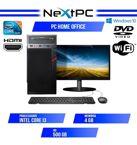 Imagem 1 de 6 de Computador Completo I3 4gb Hd 500gb Monitor 19.5 Wifi Win10