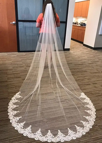 Velo De Novia Tipo Catedral Encaje De Flores Con Peine 3 M Blanco