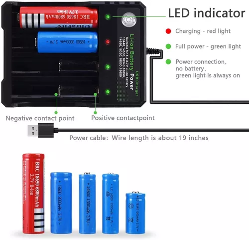 Cargador de batería 18650 de 4 bahías 5V 2A para baterías recargables 3.7V  Li-ion TR IMR 18650 14500 16340 (RCR123) Pantalla roja/verde (sin batería)