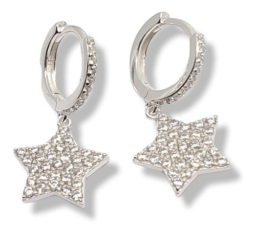 Imagen 1 de 4 de Aros Plata Argolla Colgante Estrella Micro Pave 12 X 25mm