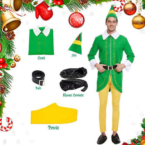 Disfraz De Elfo Navideño Para Hombre Adulto, Verde Y Amarill
