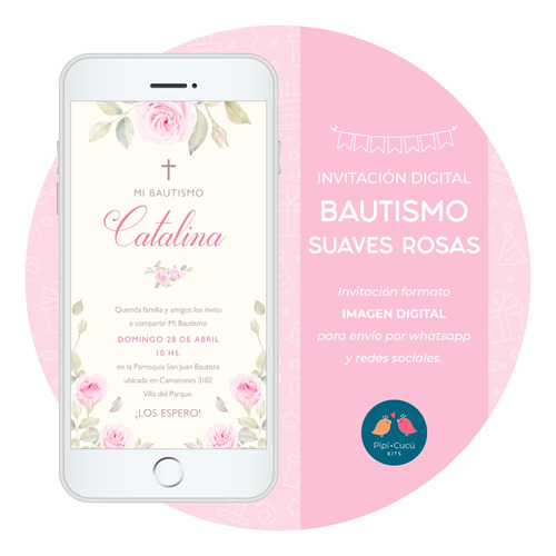 Invitación Digital Imagen - Bautismo Suaves Rosas (modelo 1)