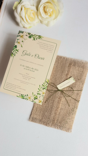 Convite De Casamento Rustico Laço Verde Oliva (60 Unidades)