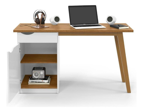 Mesa Escrivaninha Para Escritório Computador Estudos Gaveta Cor Branco/Cumarú