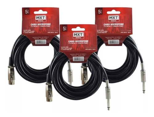 3 Cabo Microfone E Violão Mono Xlr / P10 5 Metros Mxt