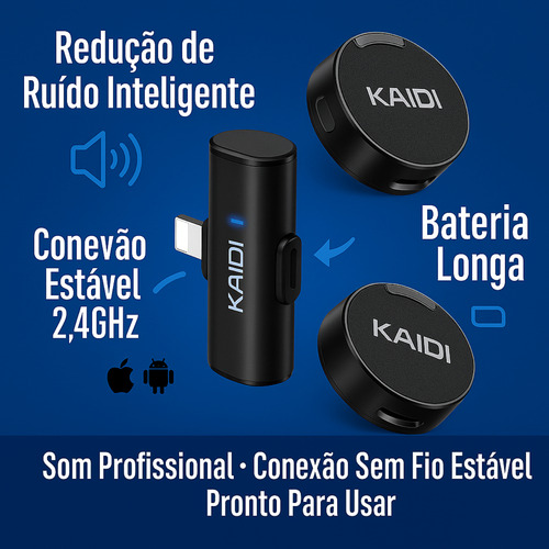 Microfone Lapela Redondo Imã Sem Fio Preto Duplo Anti Ruído
