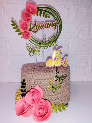 Topper/Topo de Bolo delicado e Personalizado com flores de Papel