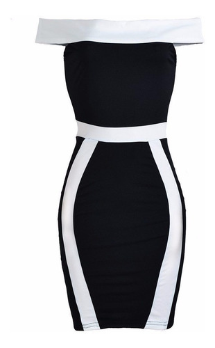 Imagen 5 de 7 de Vestido Fashion Estilo Fourreau Cuello Bandeja Negro/blanco