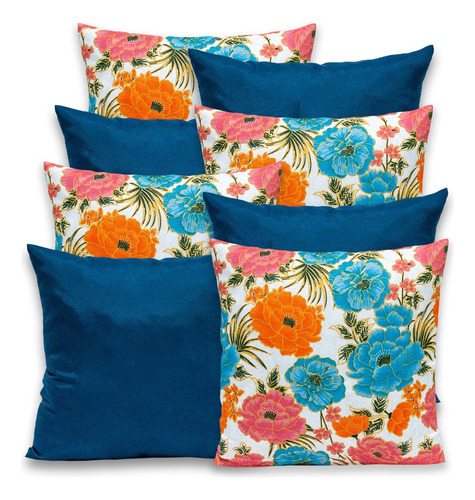 Kit 8 Capa De Almofada Gorgurinho Zíper 40cm X 40cm Floral Cor Jardim Azul Florido