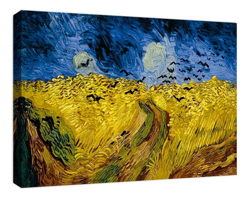 Cuadro Decorativo Canvas Coleccion Vincent Van Gogh 60x45 Color Trigal Con Cuervos Armazón Natural