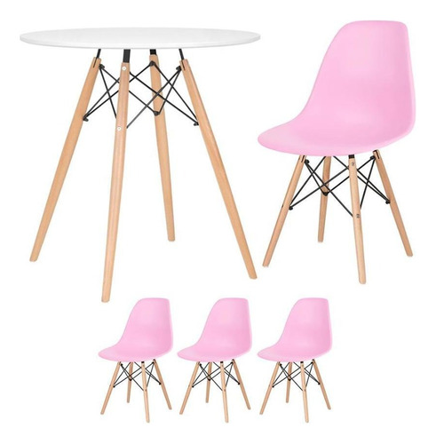 Kit Mesa Jantar Eames Wood 70 Cm 3 Cadeiras Eiffel Coloridas Tampa Mesa branco com cadeiras rosa