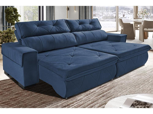 Sofá Retrátil Reclinável 2,50m Cama Inbox Tókio. Velusoft Cor Azul