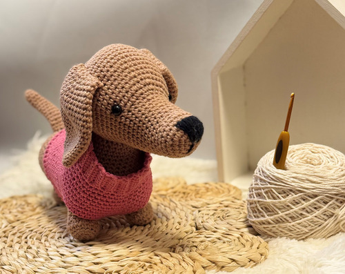 Perro Salchicha Tejido Amigurumi Apego Rosa Chicle