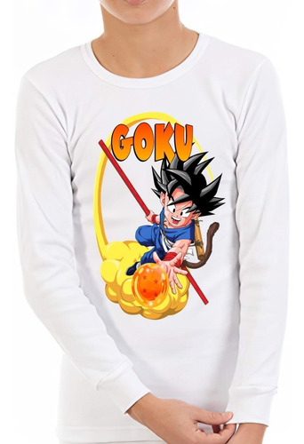 Polera Manga Larga Niño Goku Bola Fuego 100% Algodón 