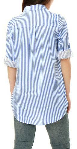 Camisa Mujer A Rayas Con Botones Cuello Vuelto Manga Larga