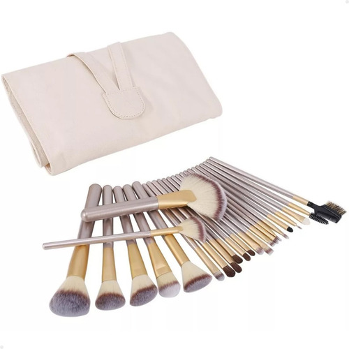 Kit Pincel 24 Peças Madeira Maquiagem + Estojo Profissional Cor Dourado