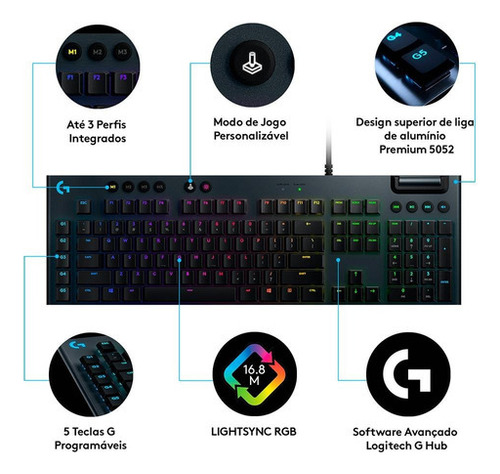Teclado mecánico Logitech Gamer G815 RGB, 920-008984, color negro, idioma inglés de EE. UU.