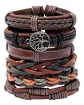 Comprar Brazalete Hombre Cuero Vintage Varonil Set De 6 Dije Árbol Color Café