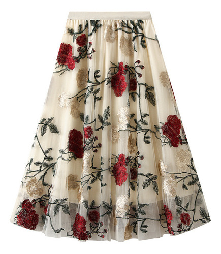 Vintage Embroidered Big Flower Sweet Mesh Skirt