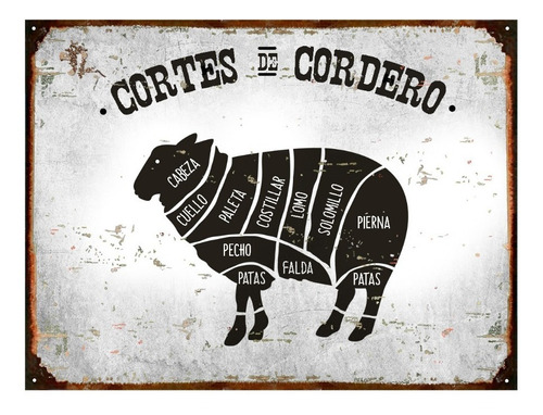 Cartel De Chapa Vintage Cortes De Carne Cordero