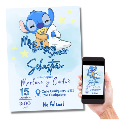 Invitación Digital Baby Shower Stitch Azul Niño