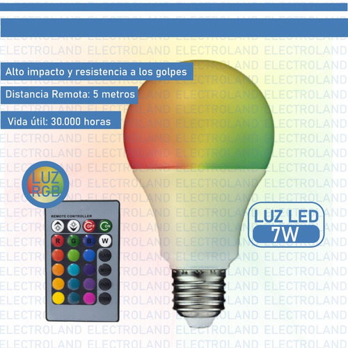 Imagen 2 de 10 de Lampara Led Rgbw 7w E27 220v Control Remoto 16 Colores