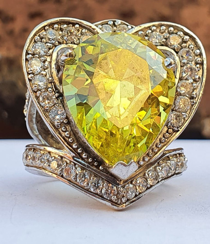 Anillo Plata Corazón 23 Mm Cubic Heliodoro Y Simil Diamante