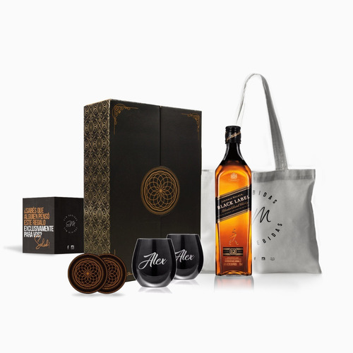 Box Whisky Johnny Walker Black Label Vasos Negros Grabados