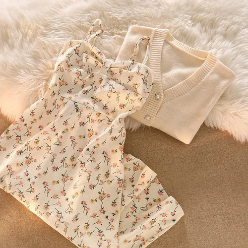 Vestido Floral Sin Mangas Y Cárdigan, Traje De Otoño Para Mu