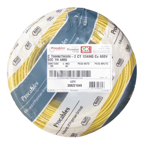 Cable 12 Awg Electrico 7 Hilos Procables Amarillo