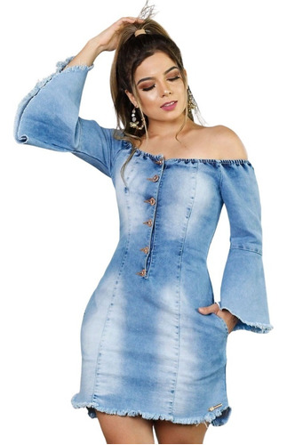 Vestido Jeans Manga Flare Ciganinha  Lycra Ombro A Ombro 002