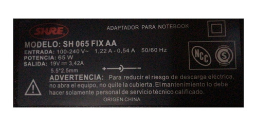 Imagen 3 de 3 de Cargador Shure Notebook 19v 3.42a 5.5x2.5mm 65w-2 Toshiba