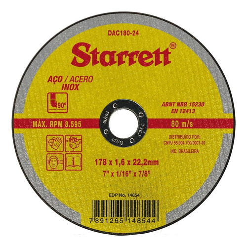 Disco Aco Inox Starrett - 7 X1/6 X7/8  - Fino 1,6mm - Dac180