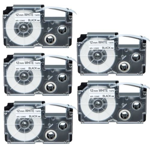 5pk Compatible Casio Xr-12we Negro En La Cinta De Marca Blan