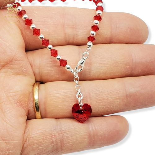 Imagen 4 de 7 de Pulsera Plata Cristal Swa Ch Cristal Rojo Con Corazon