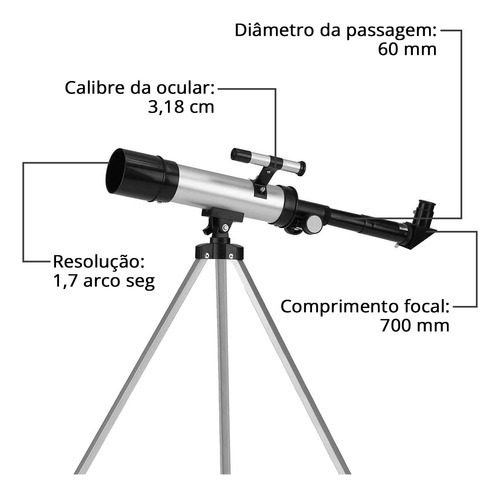 Telescópio Refrator Prateado 60mm Com Tripé Ajustável Luneta
