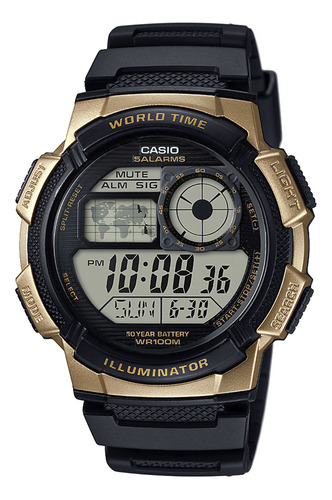 Reloj Casio Core Ae1000w-1a3 5 Alarmas Hora Mundial Crono Color de la correa Negro Color del bisel Dorado
