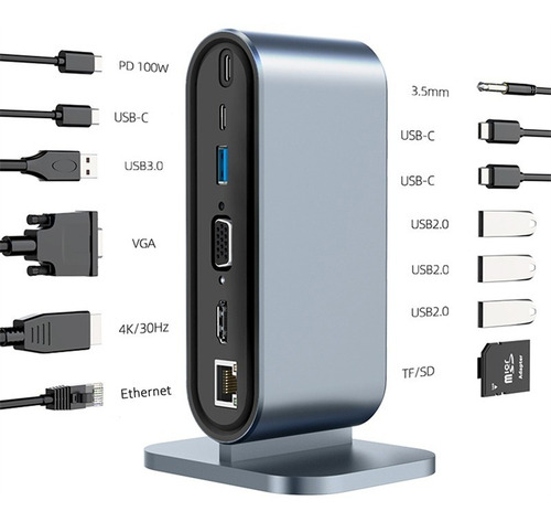 Imagen 2 de 10 de 12 En 1 Hub Usb C Hdmi 4k Vga Sd Rj45 Jack 3.5 Para Mac iPad