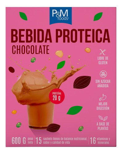 Bebida Proteica De Chocolate Sin Gluten 600g - Pm Foods 