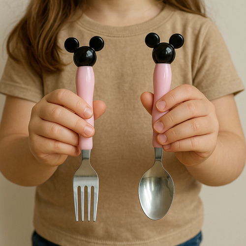 Set Cuchara Tenedor Cubiertos Metalicos Infantiles Bebe!!! Rosa