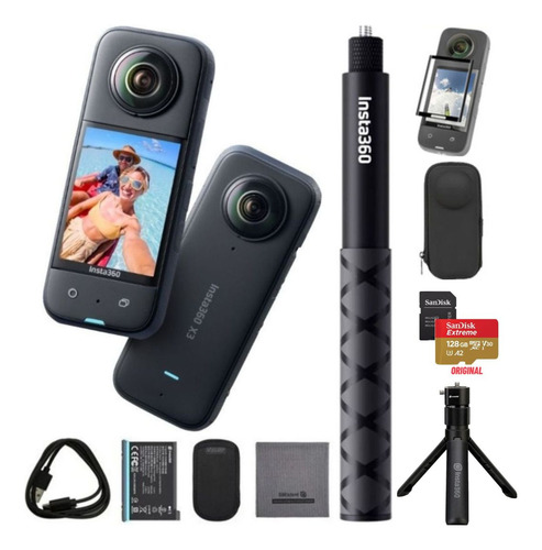 Câmera De Ação Insta360 X3 Vídeo 5.7k Kit Bastão 114cm + cartão Sandisk 128Gb com case e película