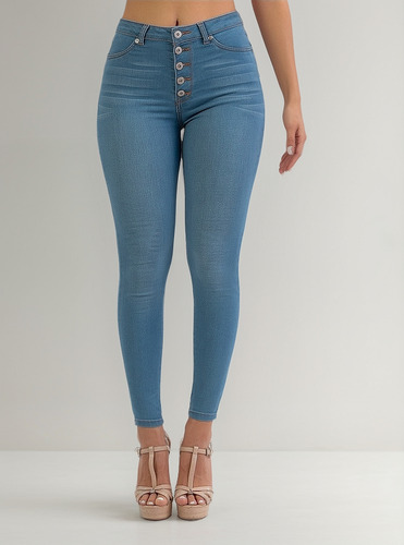 Pantalón Jeans Mezclilla Stretch Azul Claro Cierre Botones