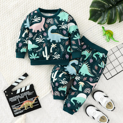 Conjunto De Sudadera Niños 1-5a Con Estampado De Dinosaurio Verde Oscuro 2-3 Años