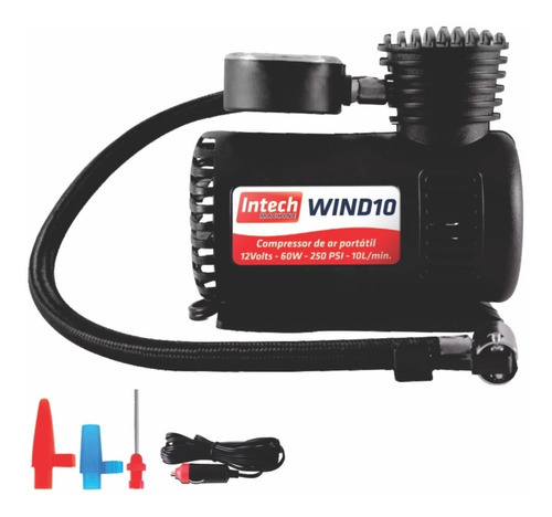 Compressor De Ar Mini 12v Wind10 Intech Machine 60w 250 Psi Cor Preto