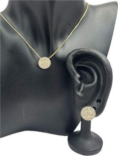 Conjunto Semijóia Colar Brinco Redondo Cravejado Zirconia