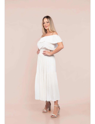 Imagem 3 de 6 de Vestido Midi Ombro A Ombro Lastex Off White Casamento Civil